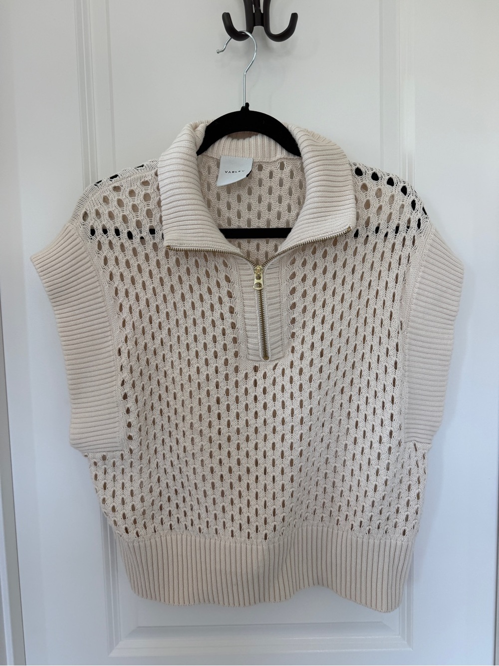 Varley Cream Open-Knit Half-Zip Turtleneck Sweater Vest